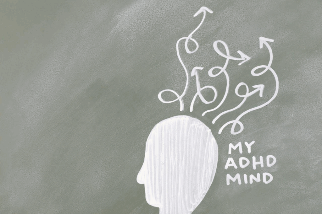 Drawing of a head with the written text "my ADHD mind"